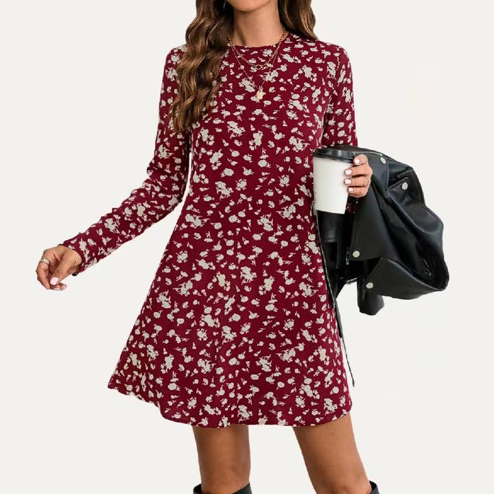 Old Fashion Foral Print Round Neck Long Sleeve Mini Dress for wholesale by The Moment Collection