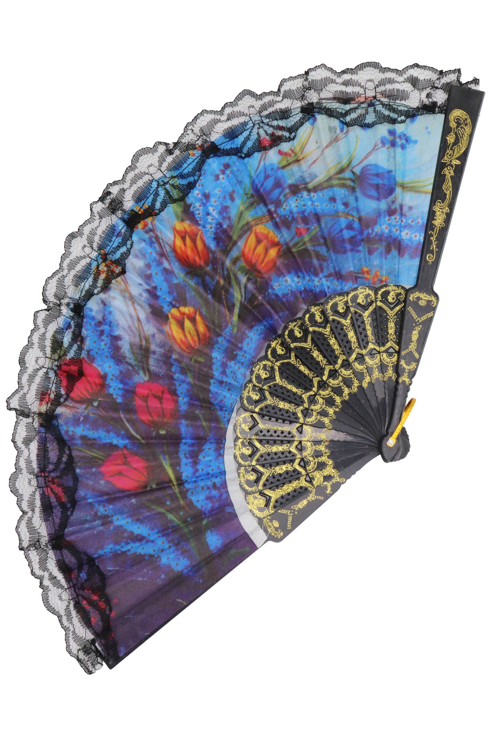 Cap Zone - Wholesale Handheld Folding Fan - Sheer Floral Black Lace Trim Hand-Held Folding Fan10