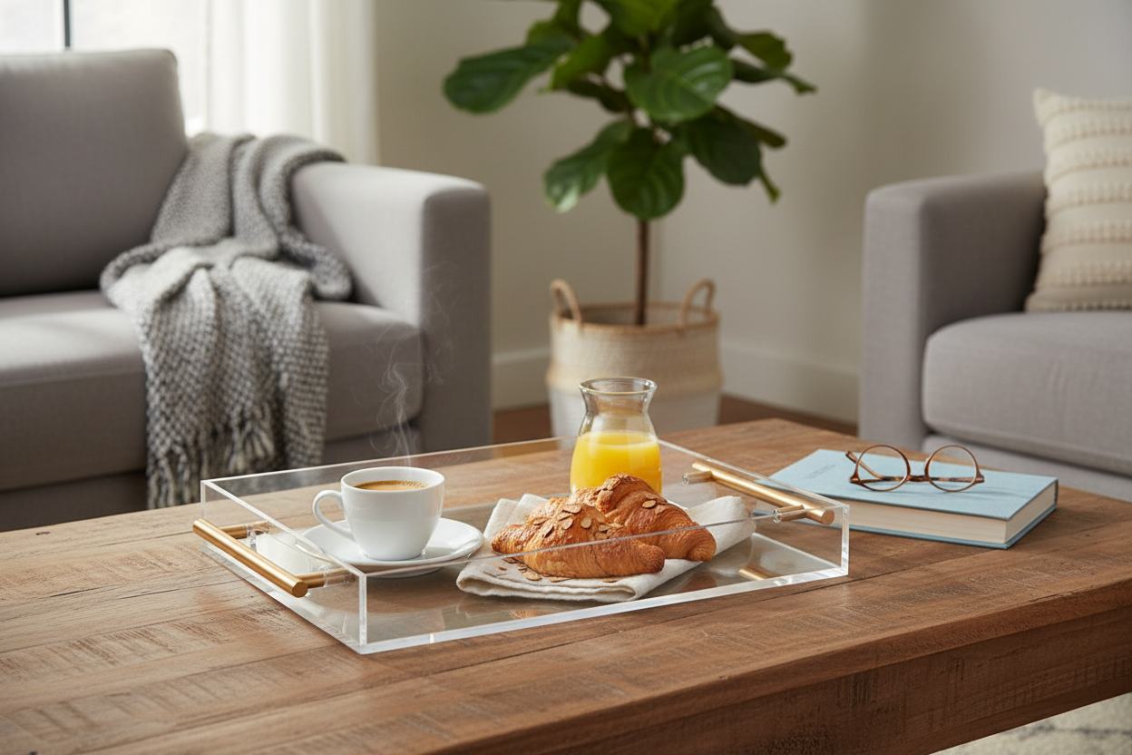 Kadra Kitchenware - Wholesale Serving tray - Vikko Serving - Acrylic Tray with Gold Handle, 10"x12"  2"H1