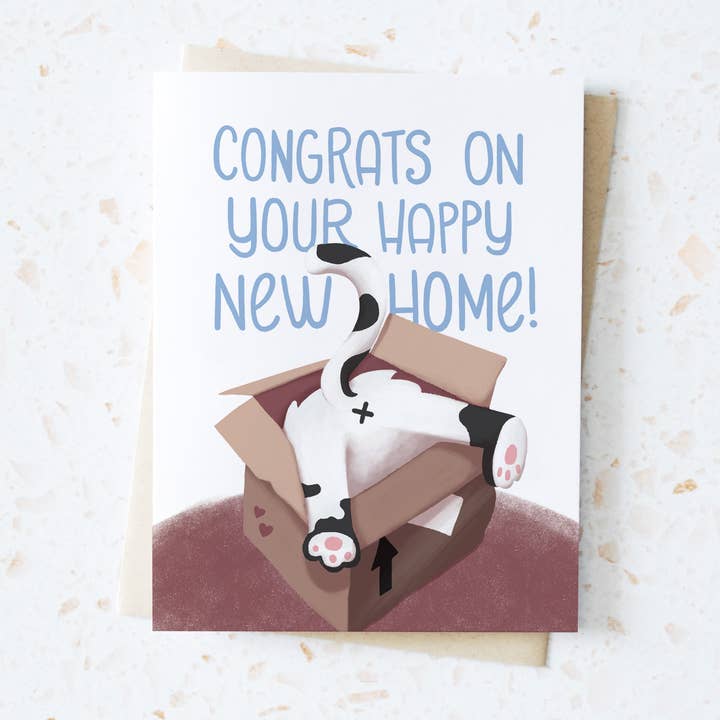 Ny hemkatt i en låda gratulationskort för wholesale av Hop & Flop