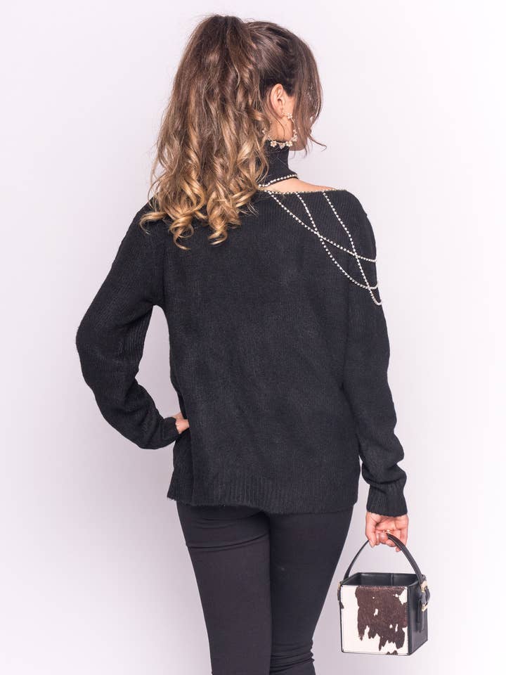 CY FASHION. LONDON - Vente Pull en maille – femme - Pull à épaules ouvertes avec chaîne