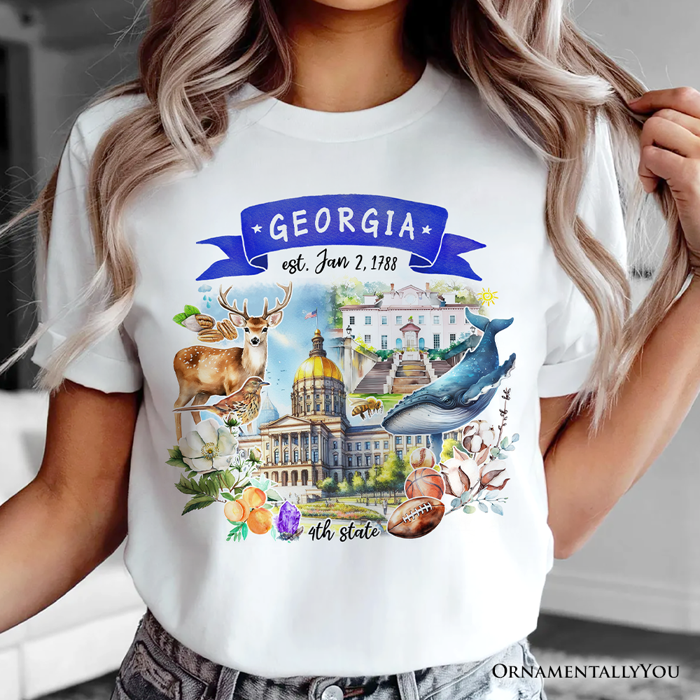 White Artistic Georgia State Themes and Landmarks T-Shirt for wholesale on Faire1