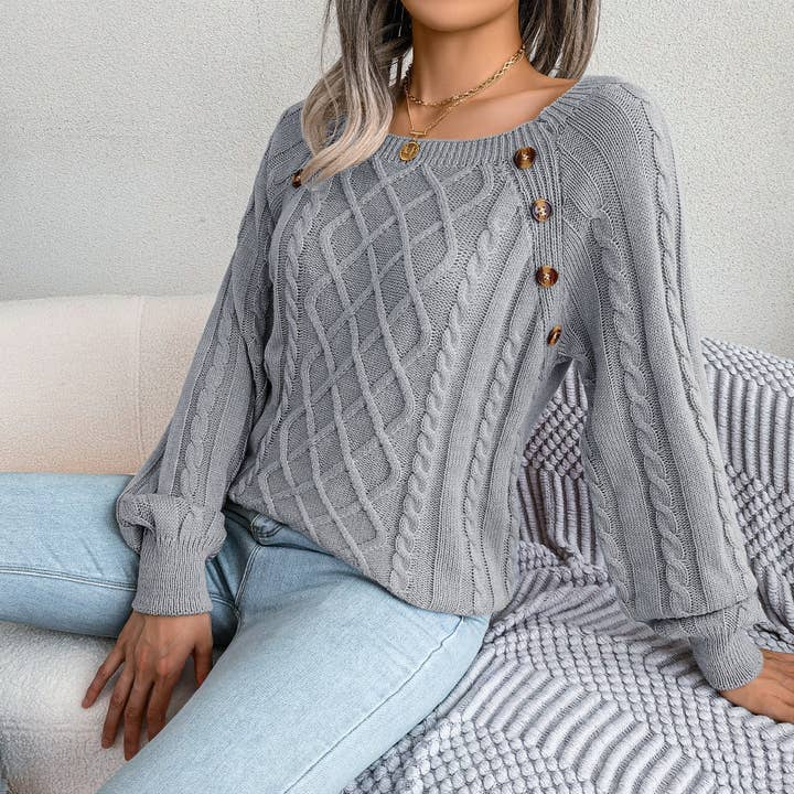 Suhkasana - Wholesale Knitted jumper – Women′s - Fall Winter Casual Square Neck Button Detail Cable Knit Swea15