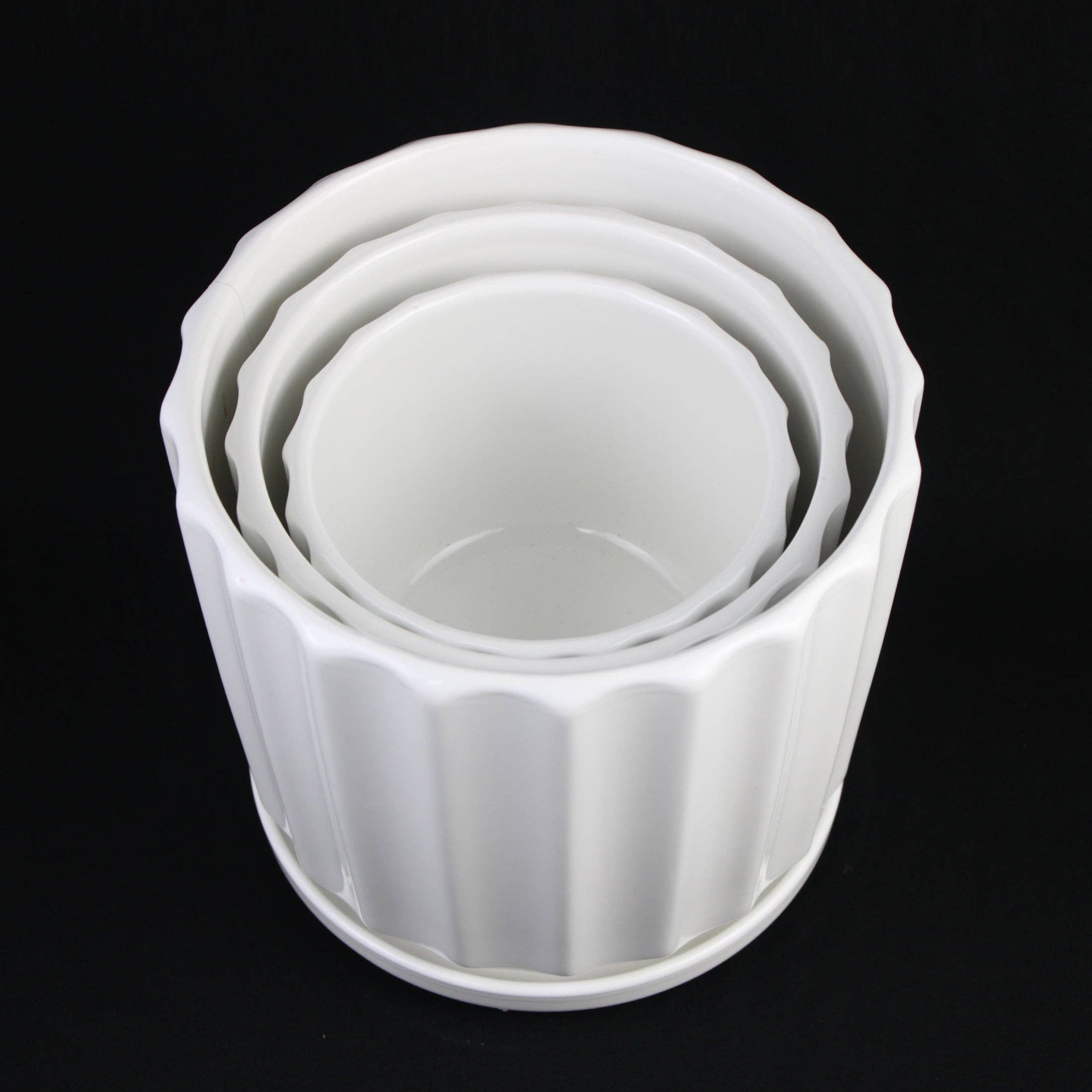 Florinia - Wholesale Plant Pot - 3-Piece White Fluted Ceramic Planter Set, Case Pack6