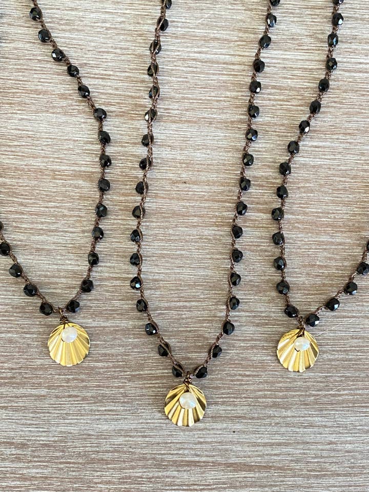 Art Deco Shell Charm Necklace With Freshwater Pearl Drop for wholesale by Twist Style