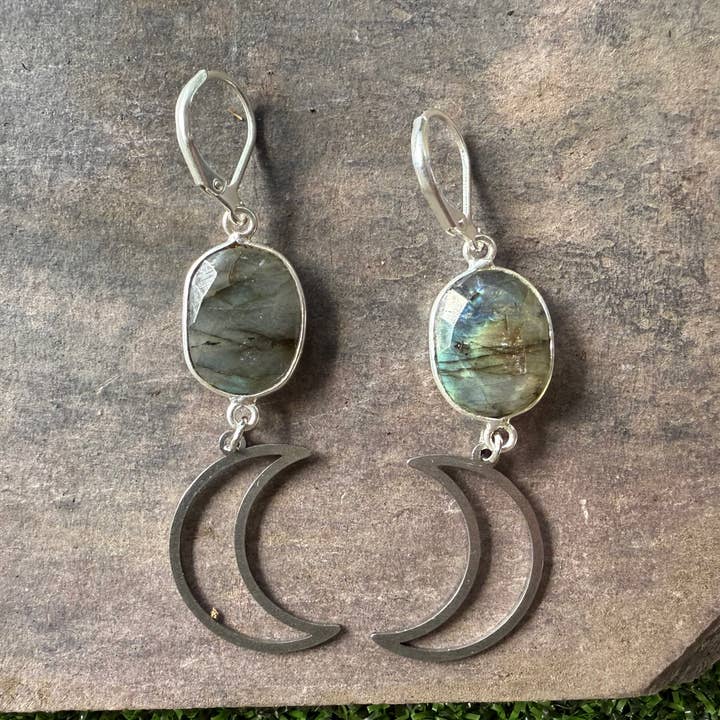 Labradorite Waxing & Waning Silver Moon Earrings for wholesale by Carley King Jewels