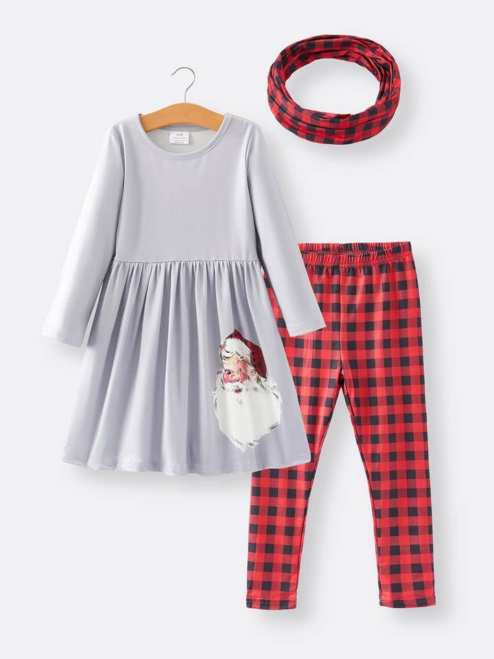 Rylee Faith Designs - Wholesale Top & Pant Set - Kids - Girls Christmas Plaid Outfit Set with Scarf