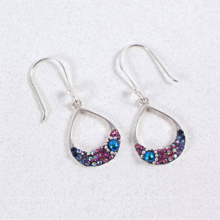 PE-8325 / CRYSTAL & SILVER PETITE ROUND MOON DROP EARRINGS for wholesale by Mosaico Jewels