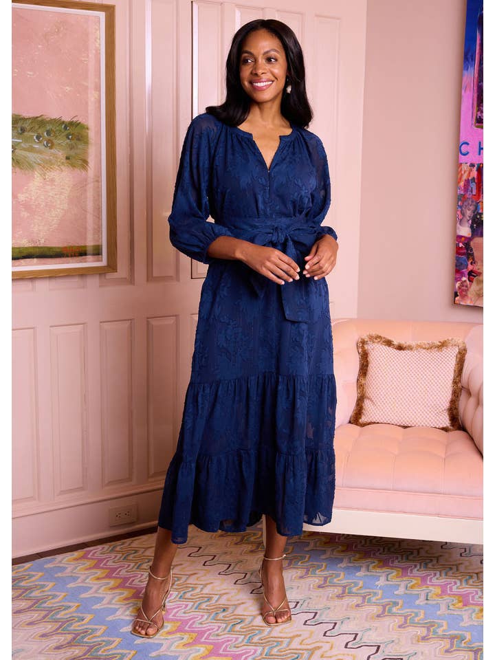 Blue Elise Dress Navy Burnout Chiffon for wholesale on Faire4