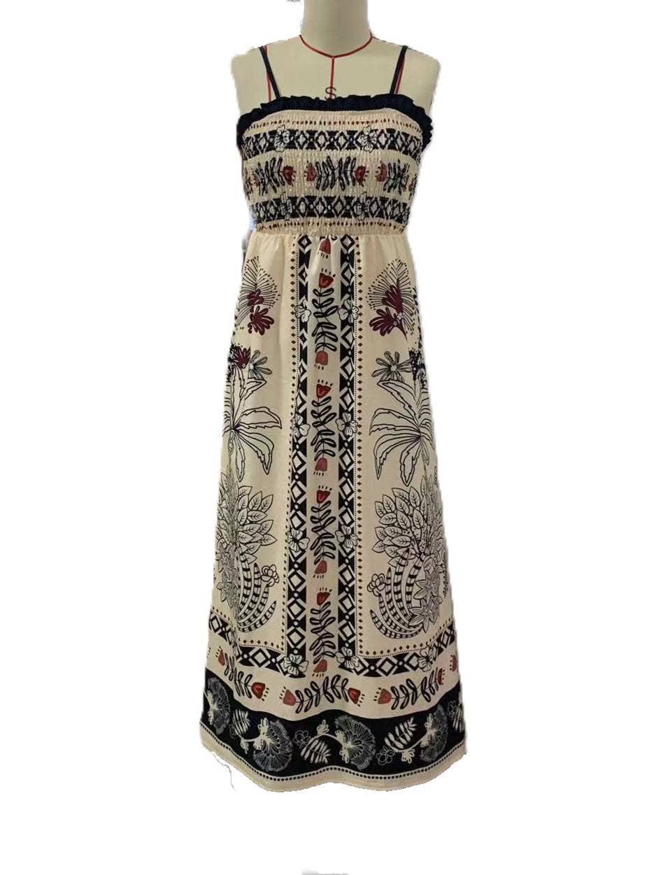 Rosa Clothing - Wholesale Dress - Women's - Boho Color Block Tropical Smocked Slip Dress1