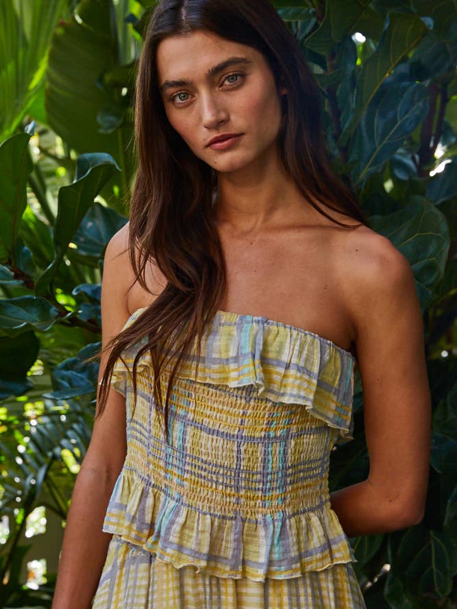 L9192T | Bandeau sans bretelles à carreaux en coton et viscose, orné d'un volant pour la vente par By Together