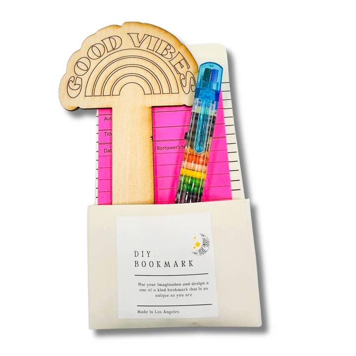 Good Vibes Rainbow DIY Color Your Own Wood Bookmark Kit for wholesale by Sadie’s Moon