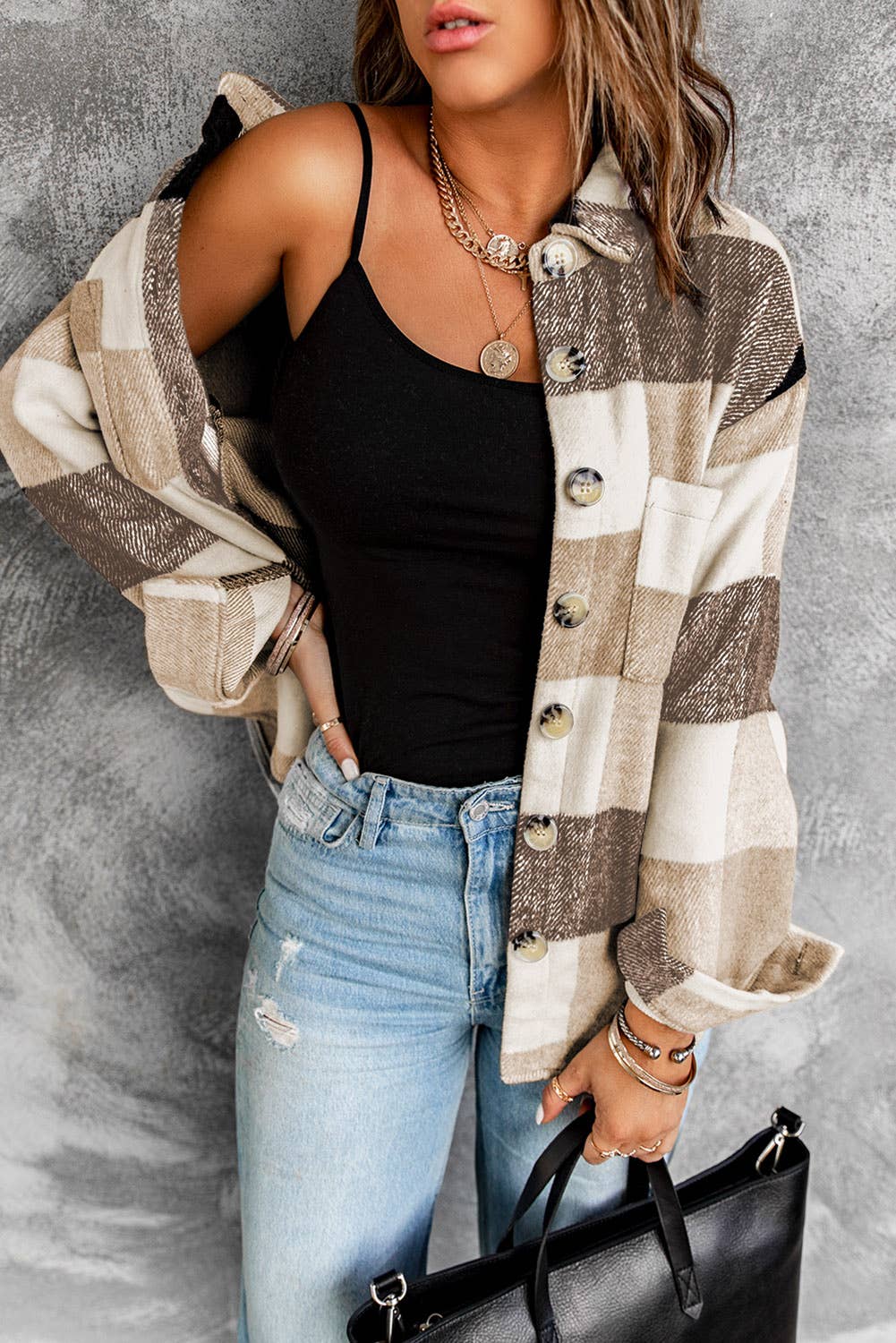 Lovesoft - Wholesale Shirt Jacket/Shacket - Women's - Casual Plaid Block Buttoned Long Sleeve Jacket With Pocket1