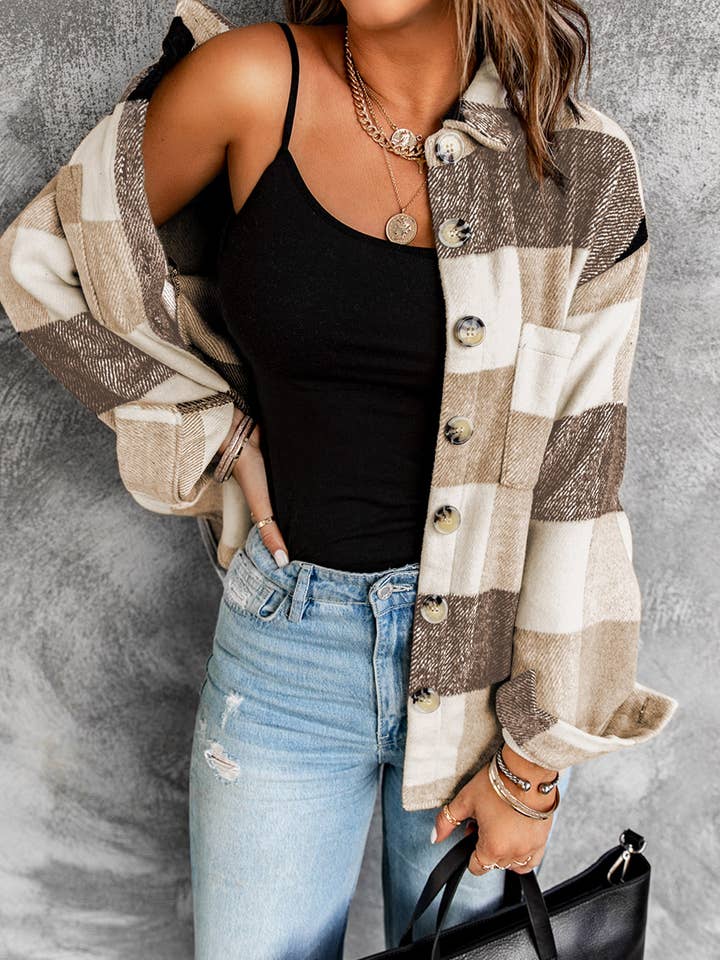 Lovesoft - Venta al por mayor Sobrecamisa - Mujer - Chaqueta casual de manga larga con botones en bloque a cuadros y bolsillo16