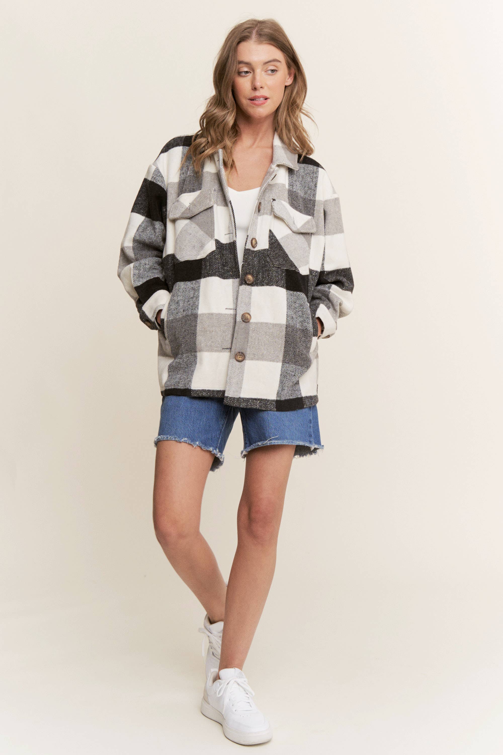 Sweet Generis - Wholesale Shirt Jacket/Shacket - Women's - FUZZY PLAID BUTTON DOWN FLANNEL SHIRT JACKET23