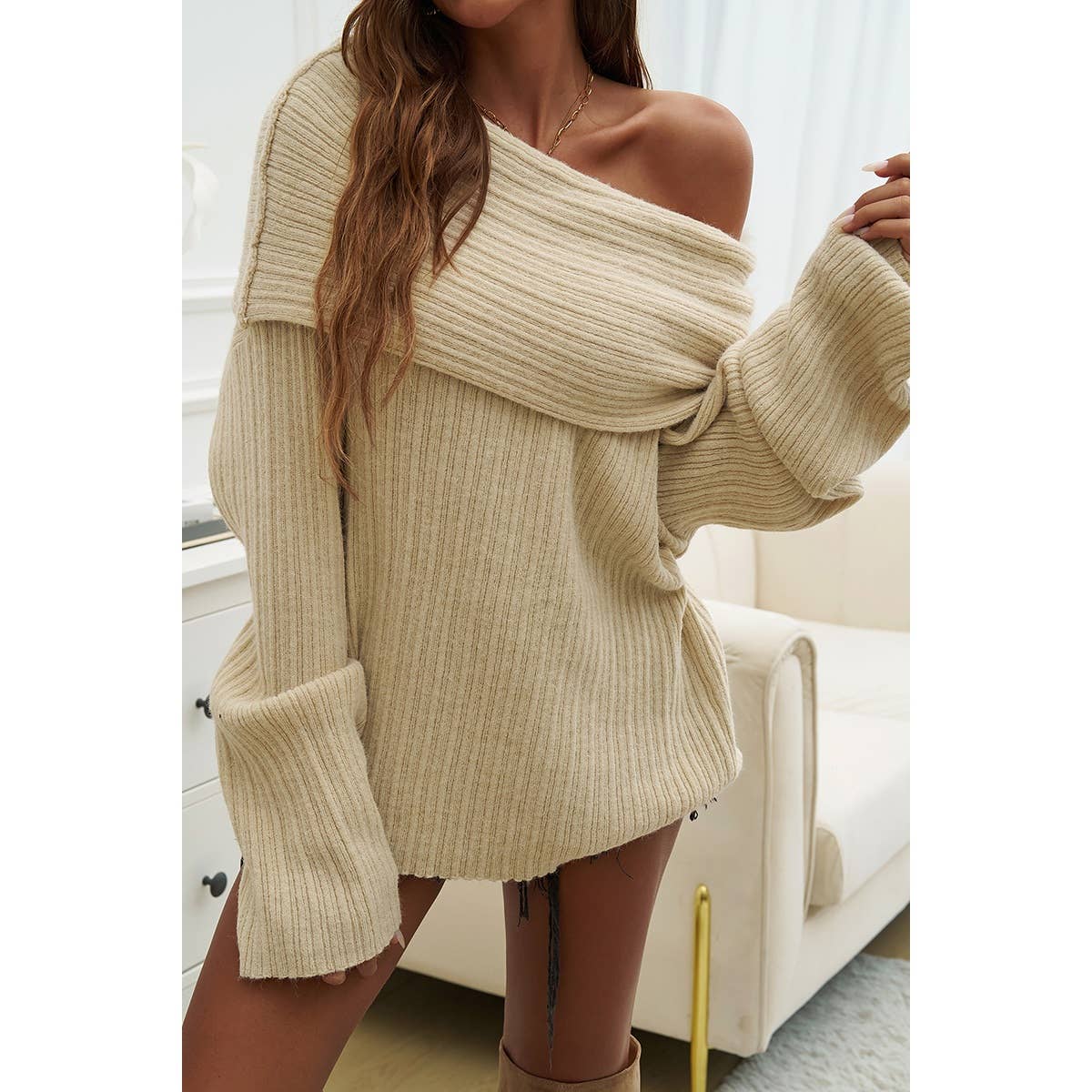 Supreme Fashion – wholesale Pullovertröja - Dam – Solid långärmad off shoulder lös tröja6