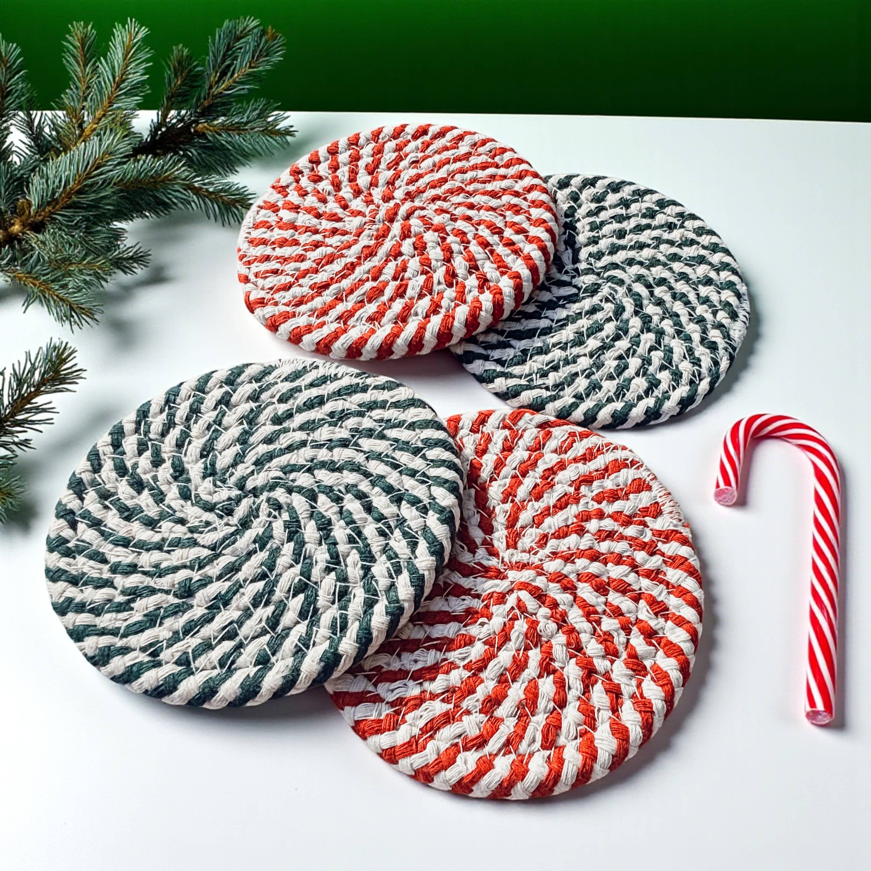 Gia Roma - Wholesale Coasters - Christmas Coasters, Red Candy Cane Braided Cotton Fabric Set51