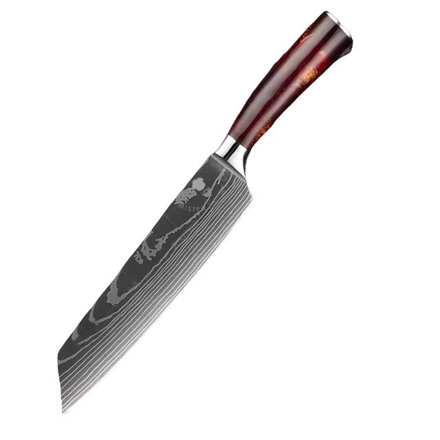 Couteau japonais en kiritsuke damascus à laser de 7 po avec couperet pointu, manche en résine pour la vente par Mister Angry Chef LLC