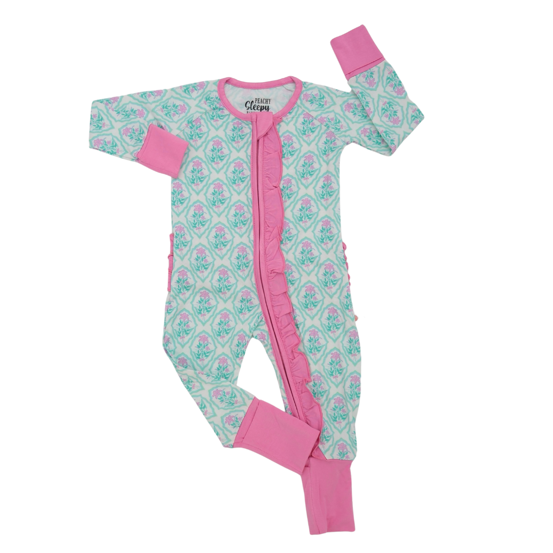 Just Peachy Smocks + Peachy Sleepy Bamboo - Vente Grenouillère – bébé - Bambou endormi à motif floral Grandmillenial Peachy0