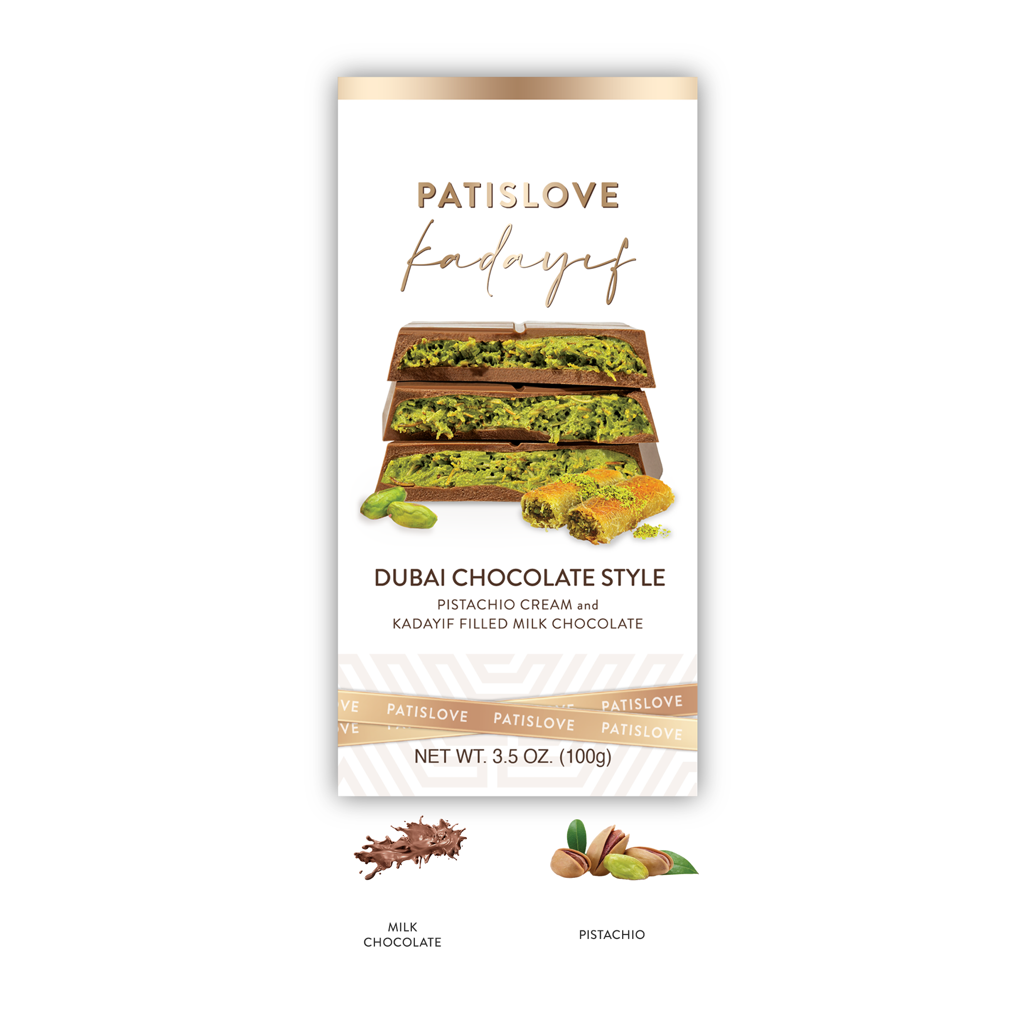 Patislove - Wholesale Chocolate Bar - Pistachio & Kadayif Milk Chocolate, 100G8