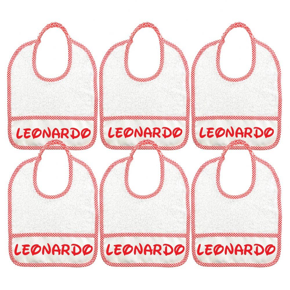 Almatex srl – Engroshandel Hagesmæk - Baby – 6 små hagesmække 24x27 med ELASTIK, tilpasset med det navn, du ønsker.6