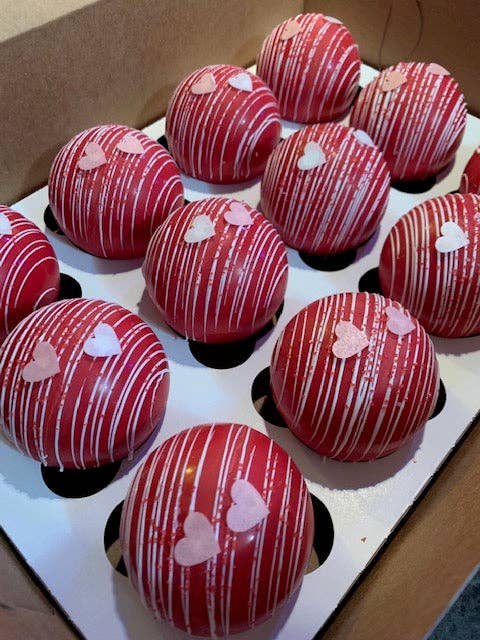 Valentine's Day White Chocolate Peppermint Hot Cocoa Ball for wholesale by Frosted Cupcakery Bakery