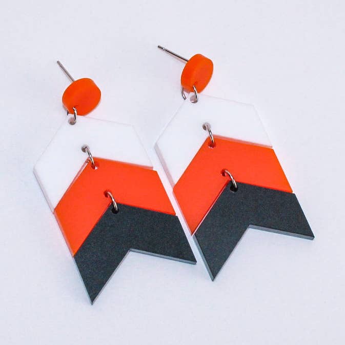 Mud & Honey - Wholesale Dangle Earrings - Chevron School Spirit Dangles - White/Orange/Black0
