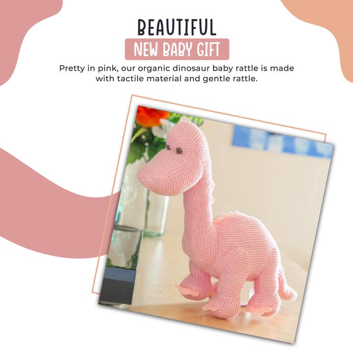 Best Years Ltd – wholesale Handheld rattle – Baby – Knitted Organic Cotton Pink Diplodocus Dinosaur Baby Rattle2