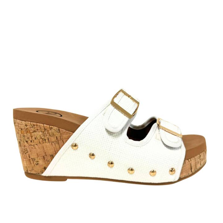 CADE Raffia Double Buckle Slip On Cork Cushioned Platform for wholesale by Maker's Shoes