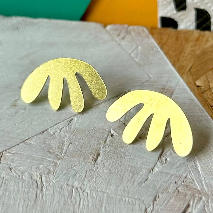 Arty Matisse Leaf Brass Stud Earrings for wholesale by Red Paper House