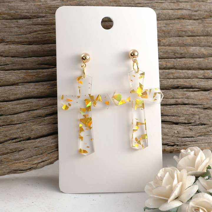 Cross Earrings Lrg | Clear Gold Glitter Dangle Post Acrylic for wholesale by Rocky Mountain Shops