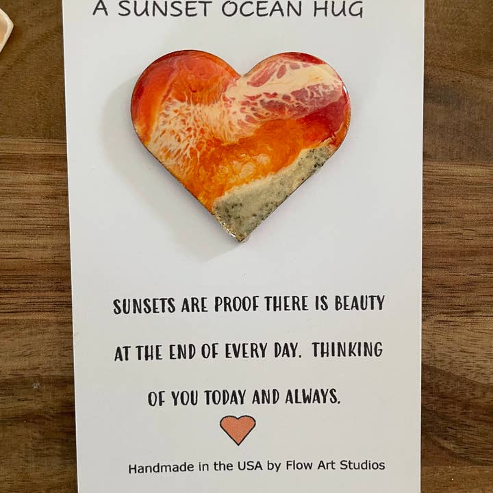 Flow Art Studios - Wholesale Everyday Greeting Card - Sunset Ocean Hug Card - Everyday Handmade Card Resin Heart