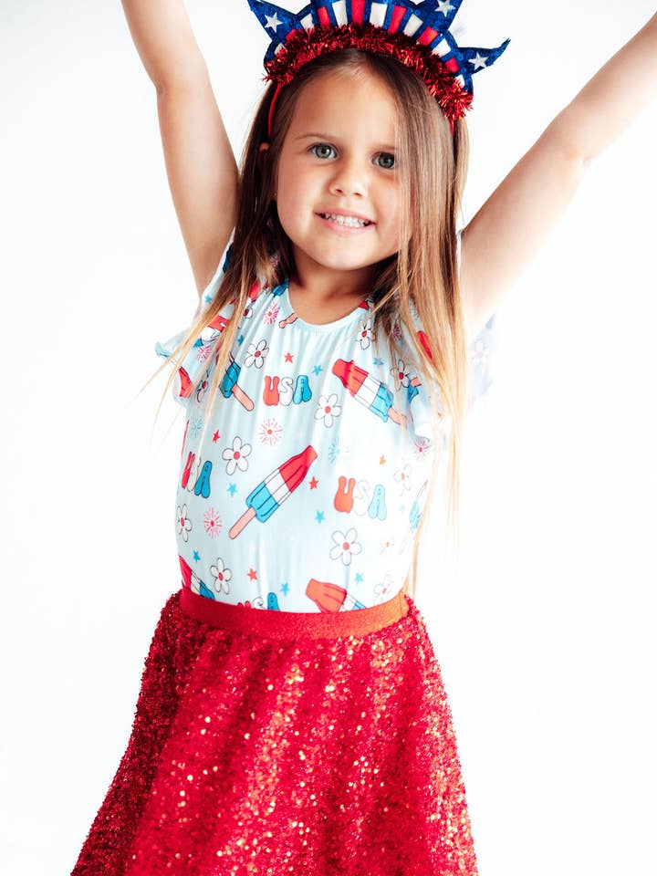 REBAJA Leotardo de Manga Corta con Volantes Orgullosamente Patriótico para venta al por mayor de Mila & Rose