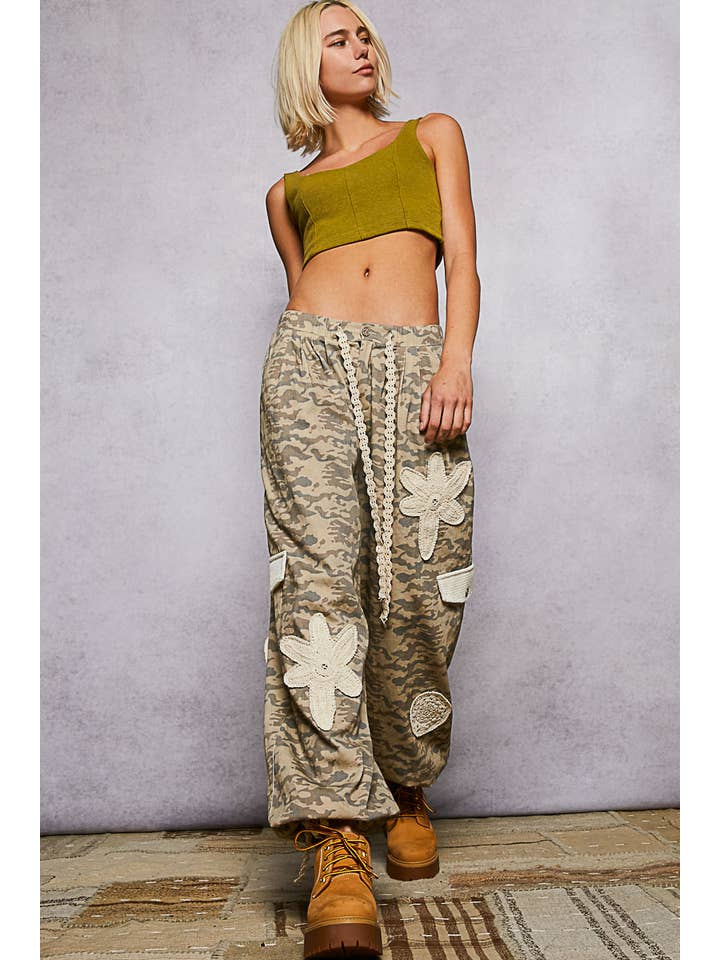 Pol Clothing - Wholesale Pants - Women's - Pleat Detail Floral Patchwork Cargo Pants3