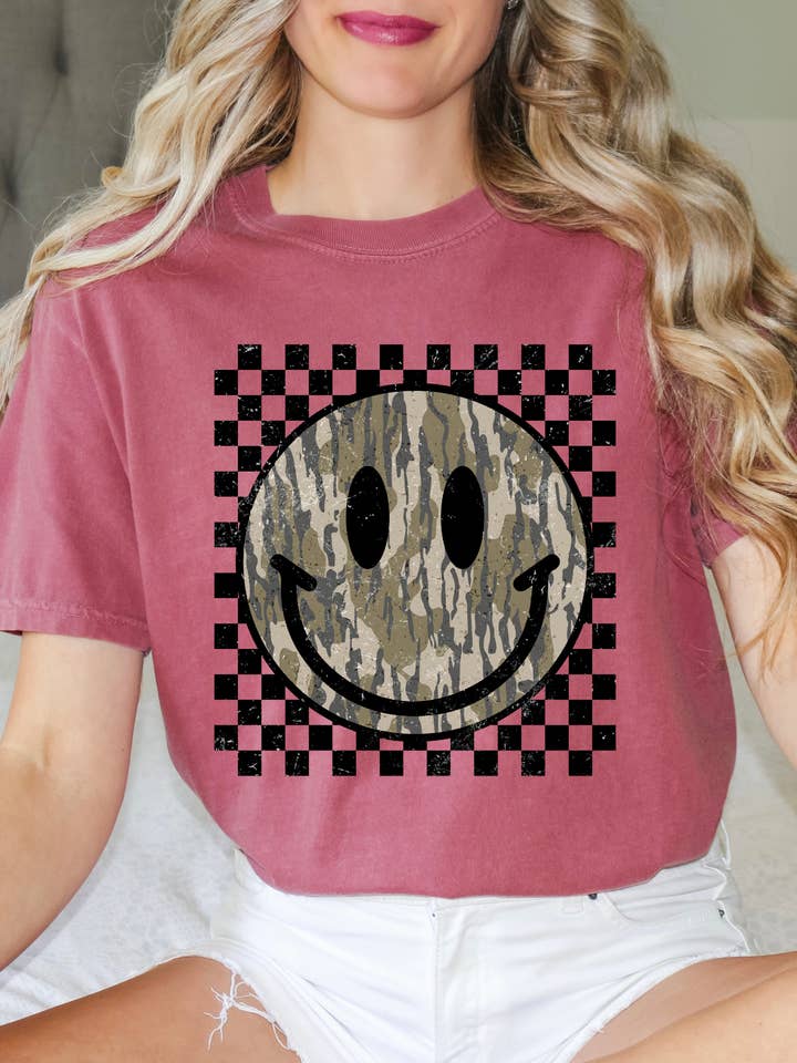 Bottomland Checkered Smiley Tee for wholesale by Boonedock Boutique Wholesale