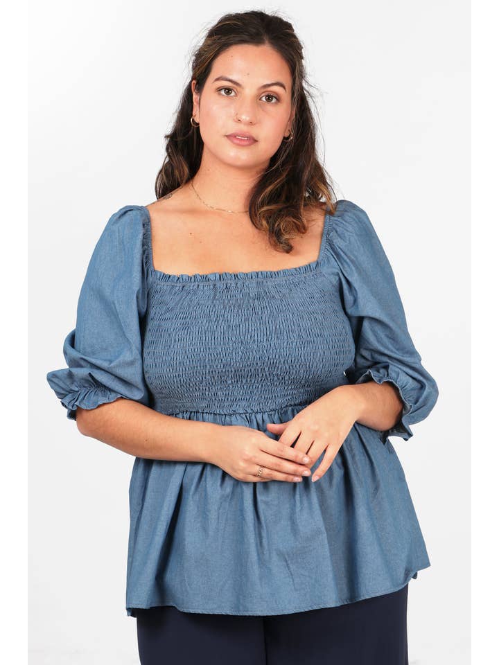 Sarta – wholesale Blouse – Women’s – Denim Look Milkmaid Top with Puff Sleeves in Blue3