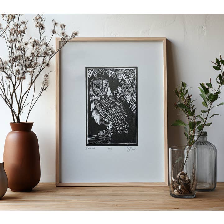 Barn Owl A4 Lino Print Limited Edition Bird Wall Art for wholesale by Georgina Doodles