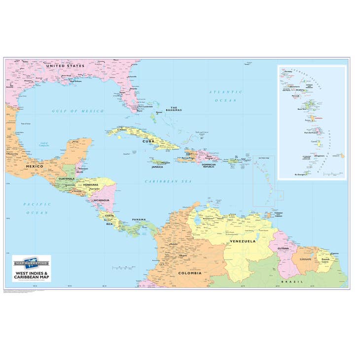 Carte murale politique des Antilles et des Caraïbes pour la vente par Map Marketing Limited