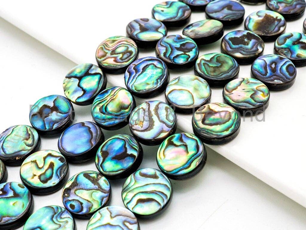 BestBeads&Beyond - Wholesale Beads - 8mm/10mm/12mm/14mm Natural Abalone Flat Coin Shell beads, Wholesale Gemstone Beads, Round Smooth Coin Abalone Beads, 16inch strand,SKU#R22
