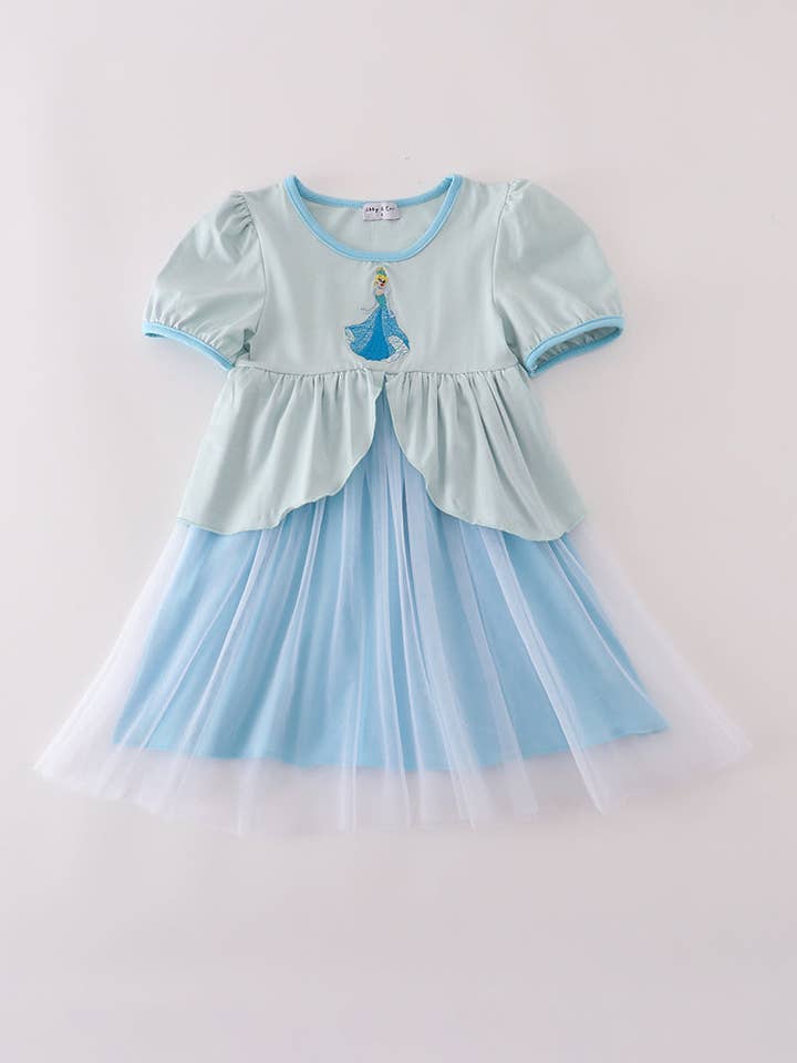 Blauwe prinses borduurwerk ruche jurk voor wholesale door Aspen Rain Boutique