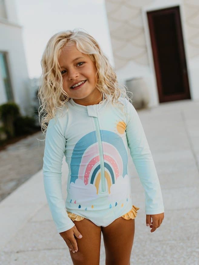 Kids Mint Rainbow Zip Rash Guard One Piece Swimsuit for wholesale by Oopsie Daisy