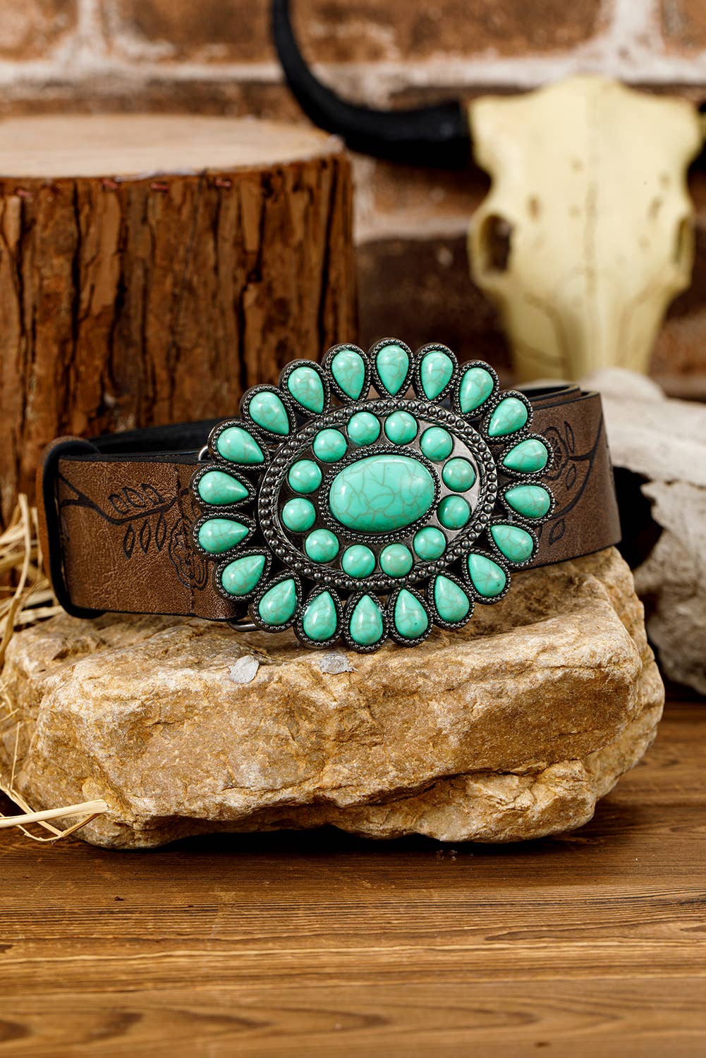 Chestnut  LDC Turquoise Gem Stone Western Fashion Faux Leather Belt for wholesale on Faire1
