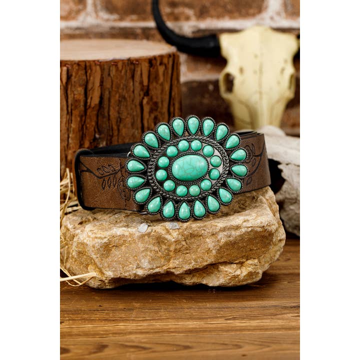 Chestnut LDC Turquoise Gem Stone Western Fashion Faux Leather Belt for wholesale on Faire1
