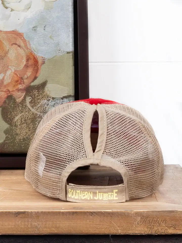 Red High Ponytail Hat with Beige Mesh for wholesale on Faire1