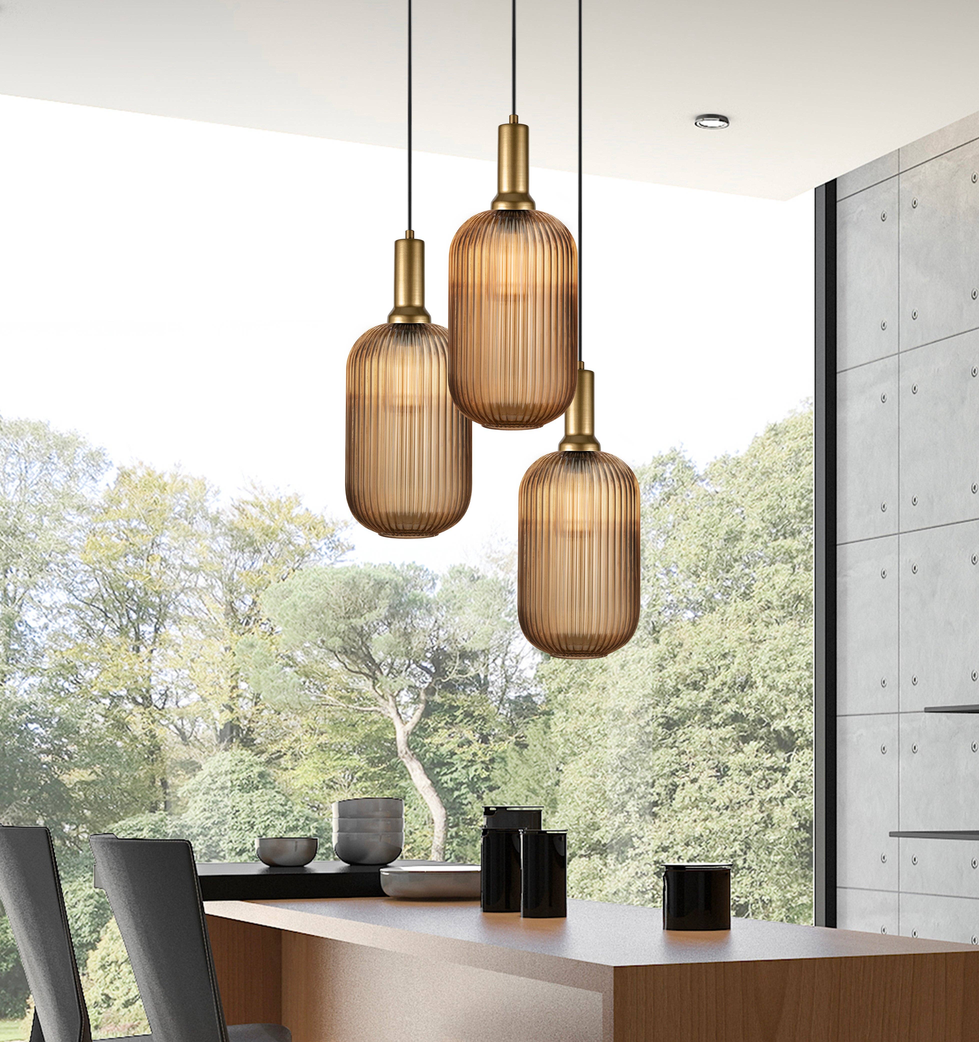 Eclipse Lighting - Wholesale Chandelier/Hanging Light - XL Amber Ribbed Glass Multi Pendant Light for Stairs, Mid-Century Modern Custom made Chandelier Light for Architects and Interior Designers