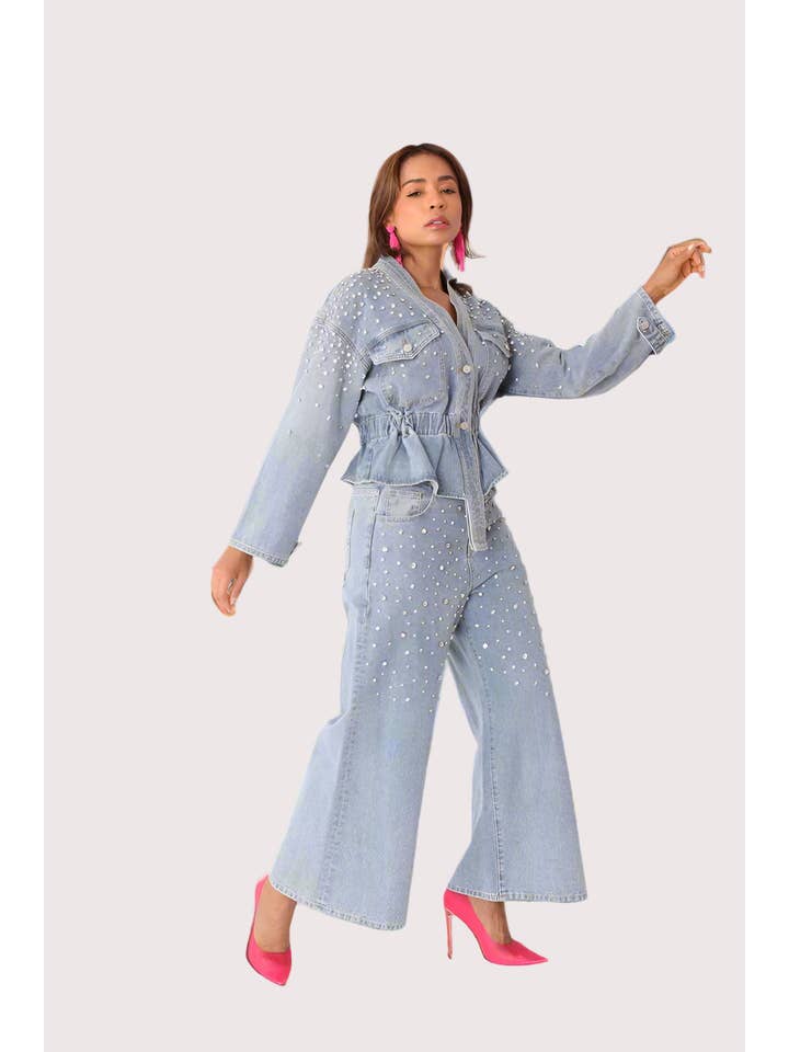 Pearl Cascade Peplum Denim Jacket - 82325 for wholesale on Faire4