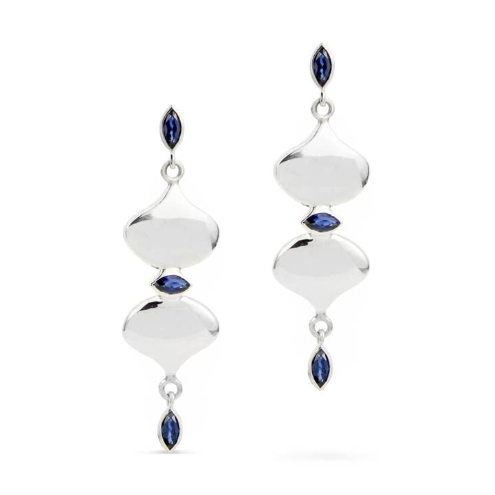 Silver Two Drop Blue Sapphire Earrings for wholesale by MezzeJewelry