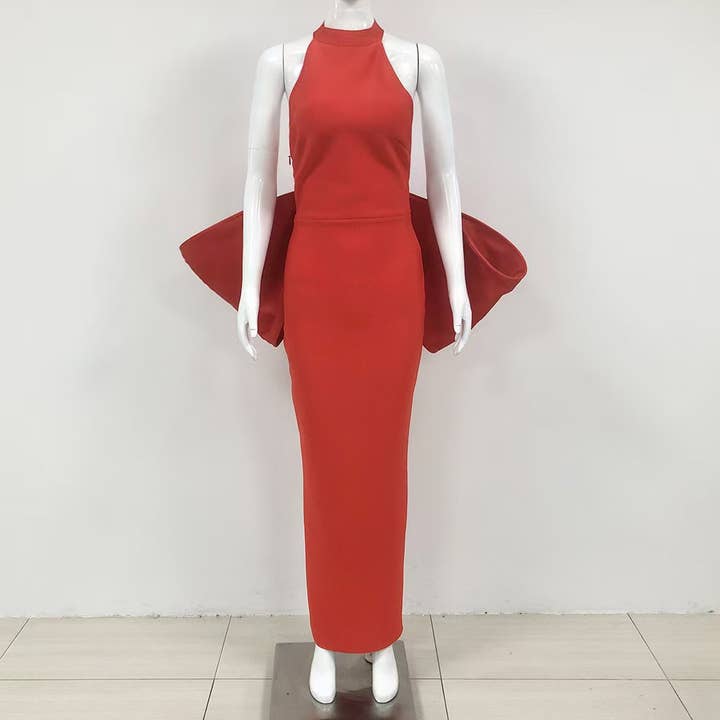Productseeker – Großhandel Kleid – Damen – DR369 Rotes, rückenfreies Kleid mit großer Schleife und schmaler Passform6