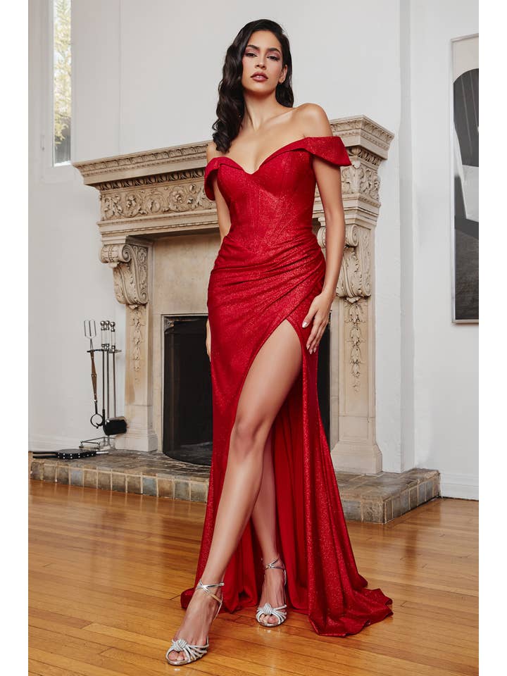 Ladivine by Cinderella Divine - Wholesale Gown - Women's - GLITTER OFF THE SHOULDER FITTED CORSET GOWN