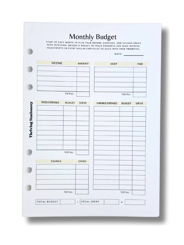 A5 Monthly Budget Inserts – 6 Pack for wholesale by Thriving Stationery